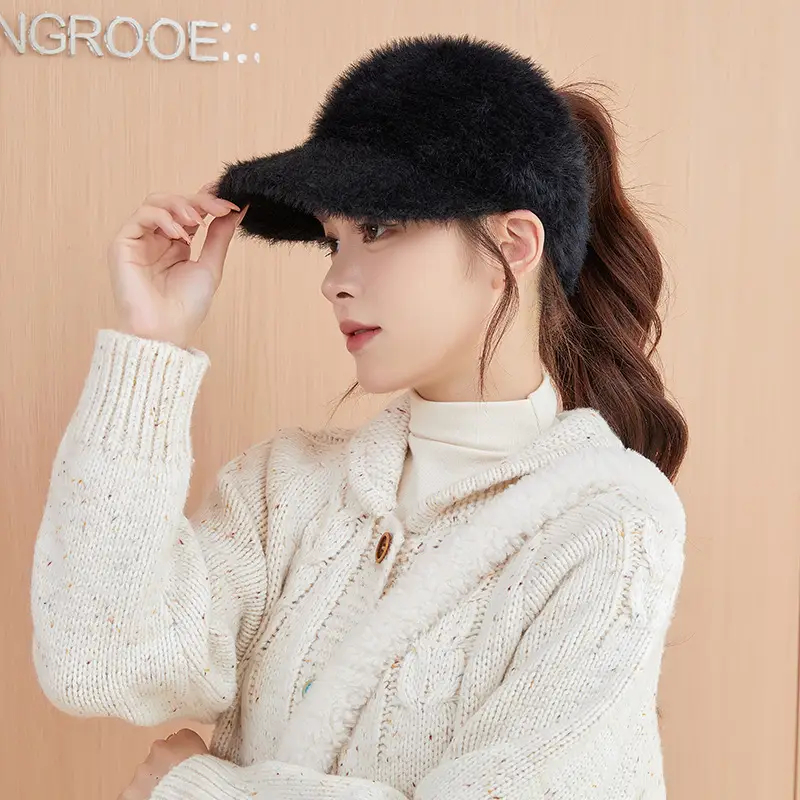 Women Wool Knitted Baseball Cap with Ponytail Winter Warm