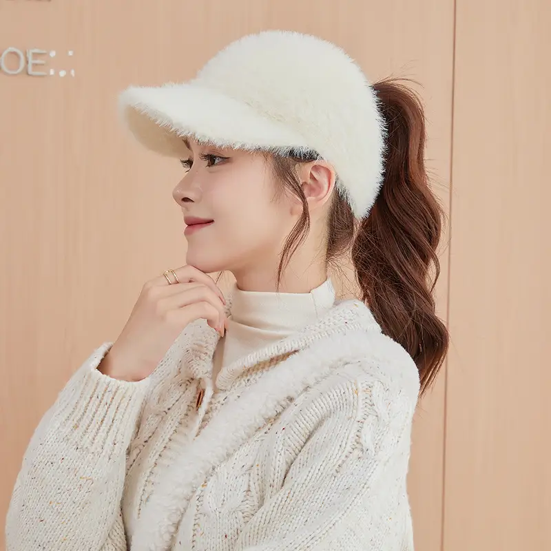 Women Wool Knitted Baseball Cap with Ponytail Winter Warm