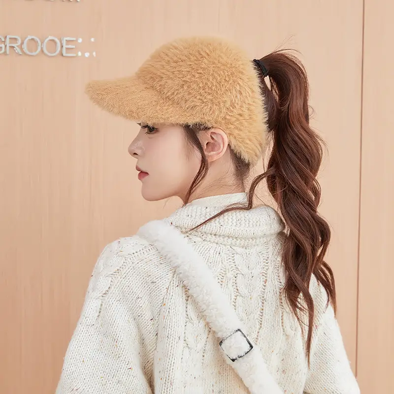 Women Wool Knitted Baseball Cap with Ponytail Winter Warm