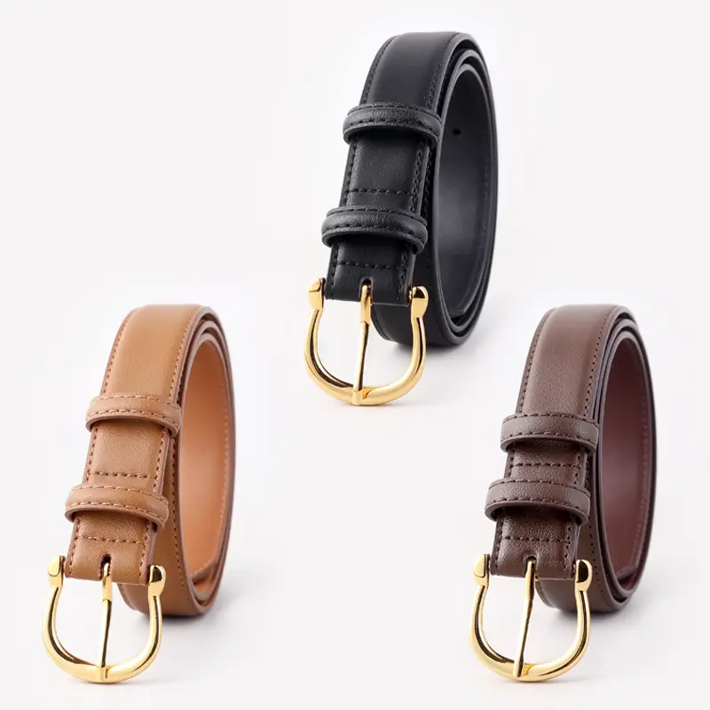 Women Genuine Leather Belt Tan Gold Buckle - Image 5