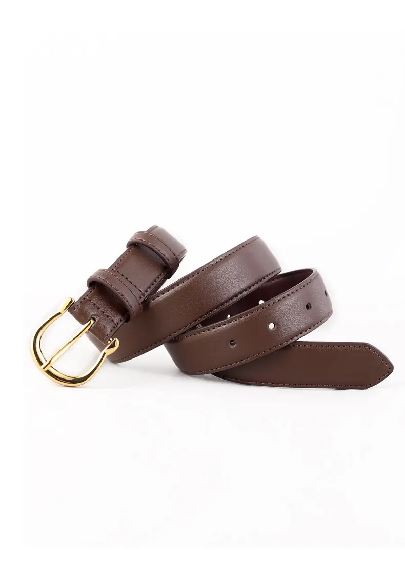 Women Genuine Leather Belt Tan Gold Buckle — feature 11