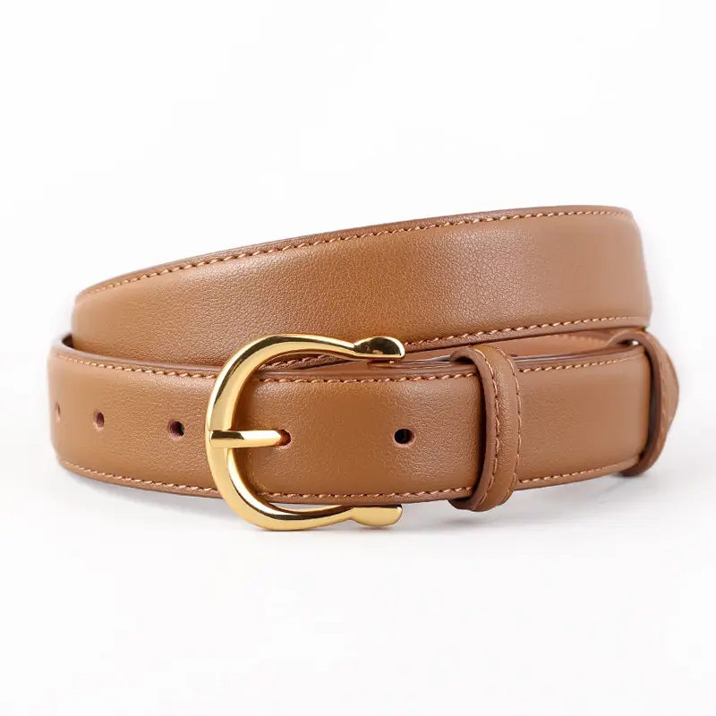 Women Genuine Leather Belt Tan Gold Buckle - Image 2