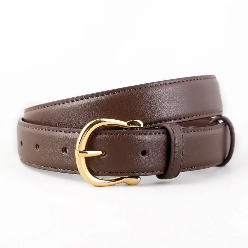 Women Genuine Leather Belt Tan Gold Buckle - Image 3