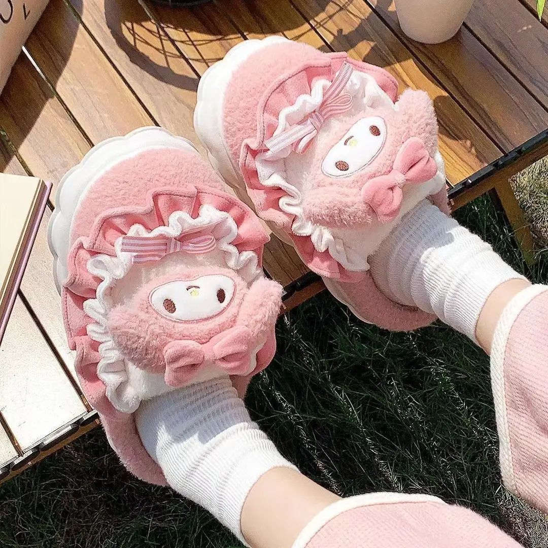 New Winter Plush Cotton Shoes Sanrio Hello Kitty Cute Cyber Celebrity Plush Cotton Slippers Warm Women's Home Slippers