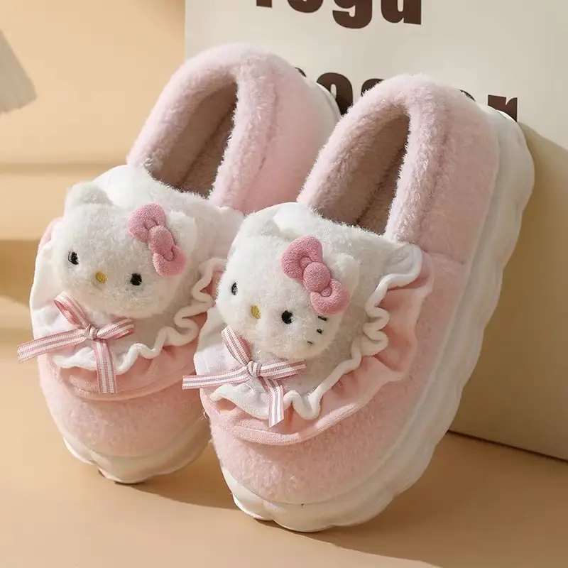 New Winter Plush Cotton Shoes Sanrio Hello Kitty Cute Cyber Celebrity Plush Cotton Slippers Warm Women's Home Slippers