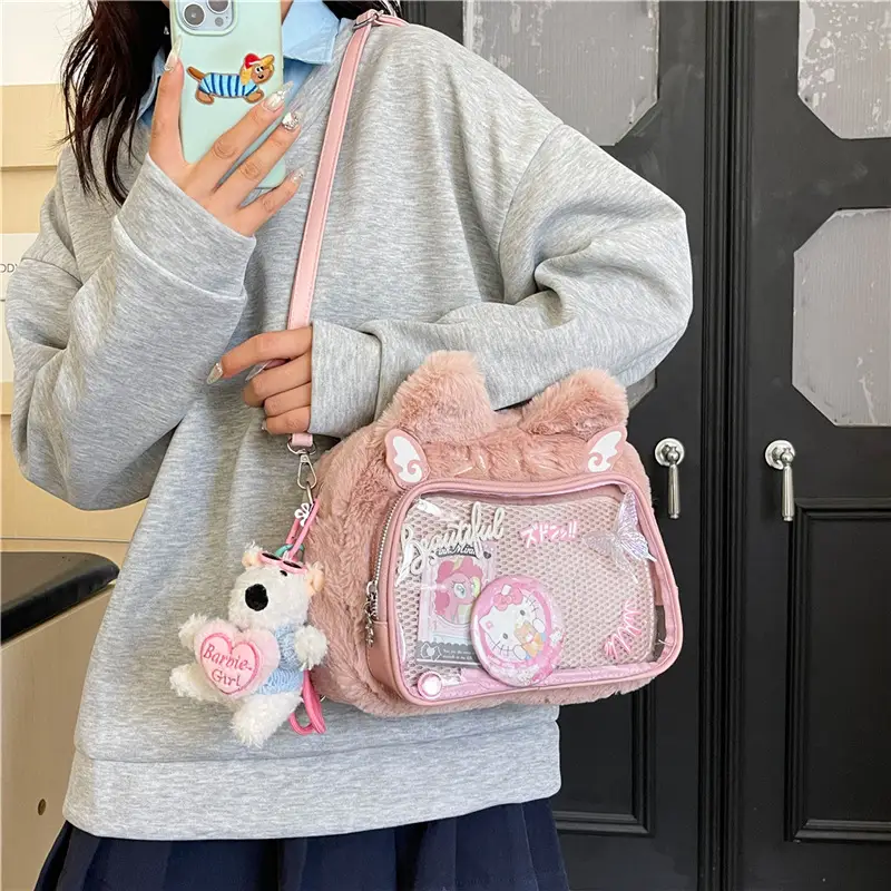 New Women's Plush Bear Ear Bag with Transparent Front - Image 7