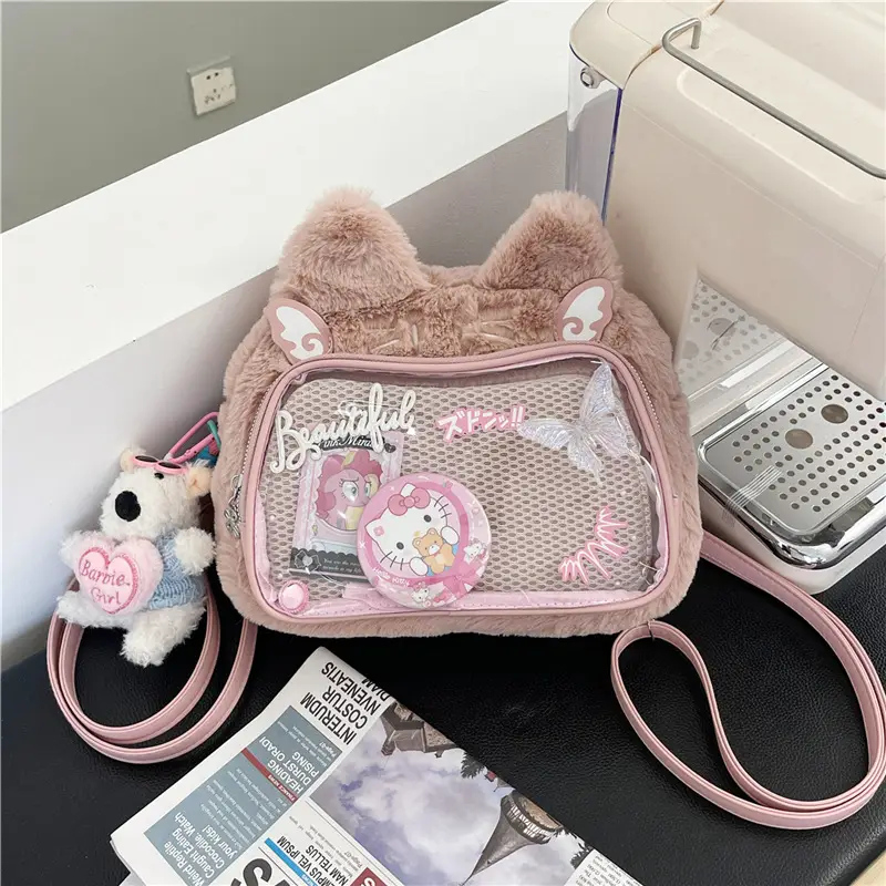 New Women's Plush Bear Ear Bag with Transparent Front - Image 8