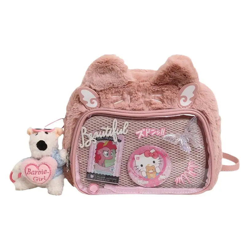 New Women's Plush Bear Ear Bag with Transparent Front - Image 10