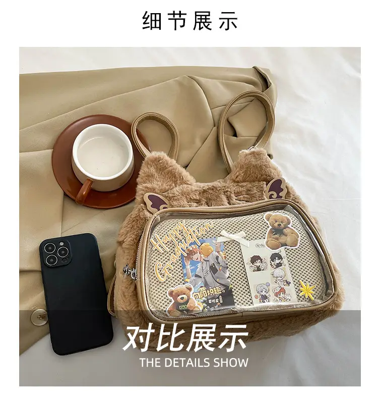 New Women's Plush Bear Ear Bag with Transparent Front — feature 13