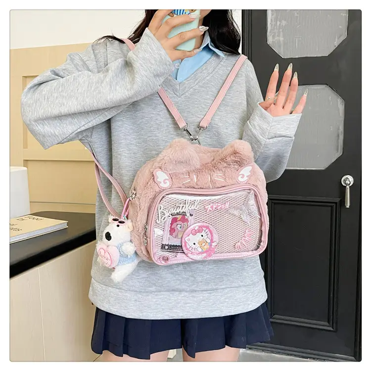 New Women's Plush Bear Ear Bag with Transparent Front — feature 26