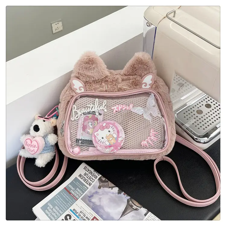 New Women's Plush Bear Ear Bag with Transparent Front — feature 3