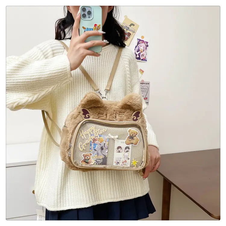 New Women's Plush Bear Ear Bag with Transparent Front — feature 42