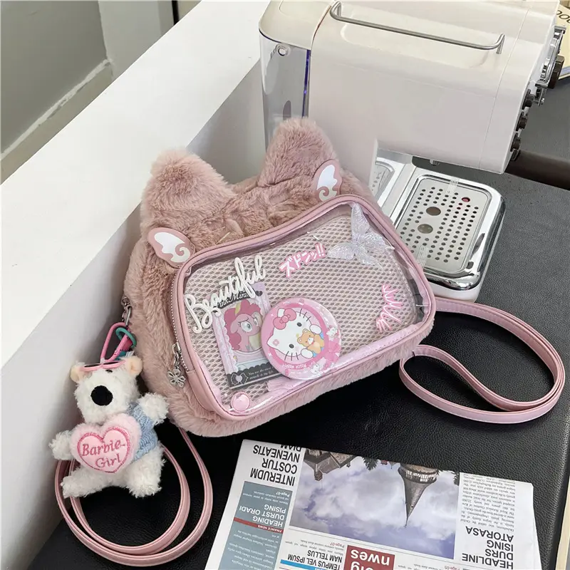 New Women's Plush Bear Ear Bag with Transparent Front — feature 7