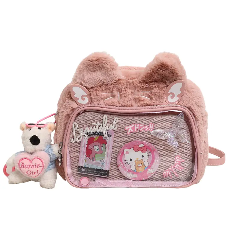 New Women's Plush Bear Ear Bag with Transparent Front — feature 8