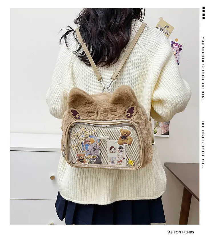 New Women's Plush Bear Ear Bag with Transparent Front — feature 9