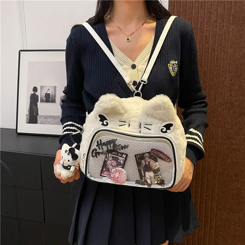 New Women's Plush Bear Ear Bag with Transparent Front - Image 2