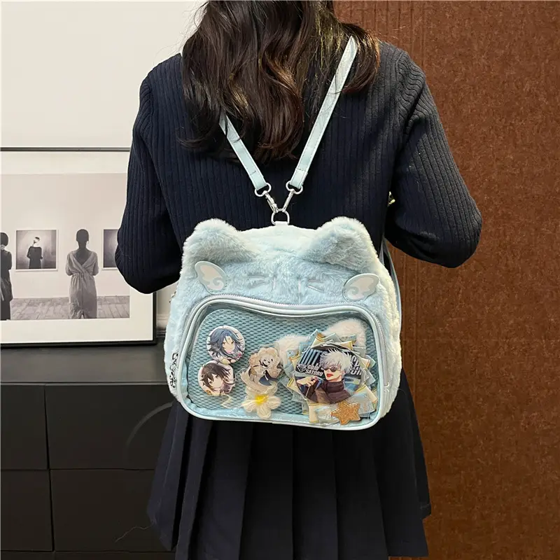 New Women's Plush Bear Ear Bag with Transparent Front - Image 3