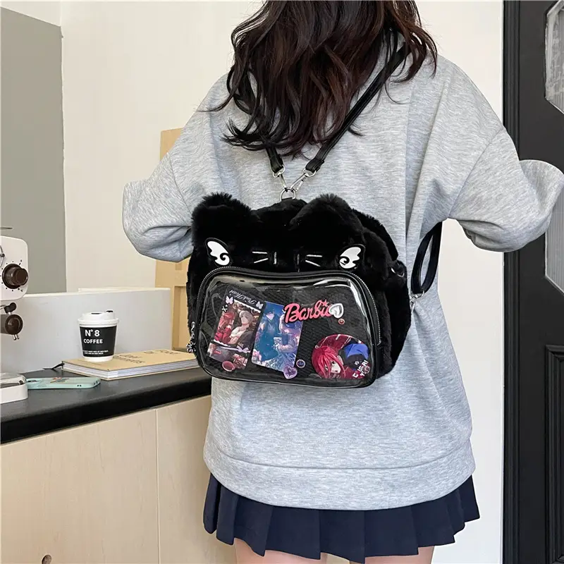 New Women's Plush Bear Ear Bag with Transparent Front - Image 4