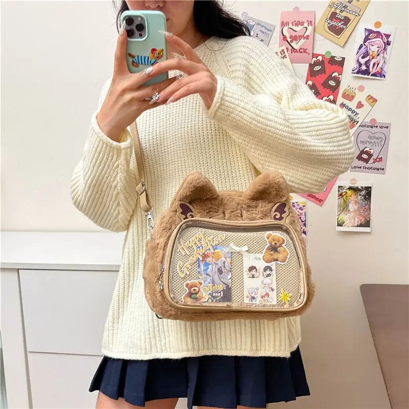 New Women's Plush Bear Ear Bag with Transparent Front - Image 5