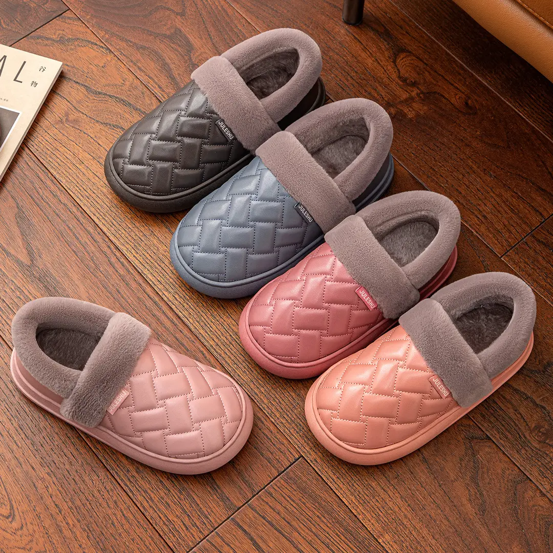 Lidani PU waterproof cotton shoes women's winter outdoor warm indoor home non-slip moon shoes lovers slippers men's wholesale