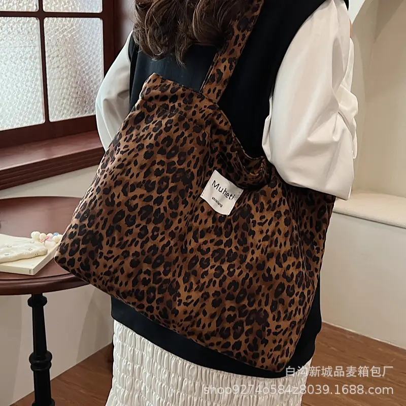 Leopard Print Women's Plaid Shoulder Bag Autumn Winter Canvas - Image 6
