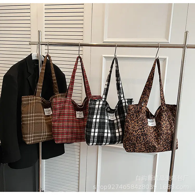 Leopard Print Women's Plaid Shoulder Bag Autumn Winter Canvas — feature 14