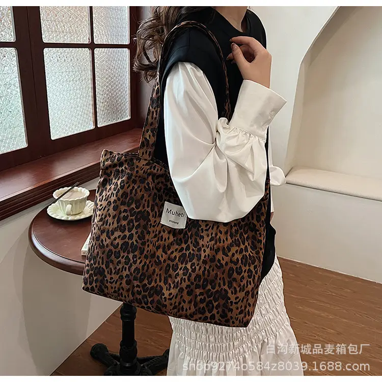 Leopard Print Women's Plaid Shoulder Bag Autumn Winter Canvas — feature 17