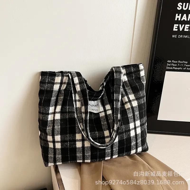 Leopard Print Women's Plaid Shoulder Bag Autumn Winter Canvas - Image 3