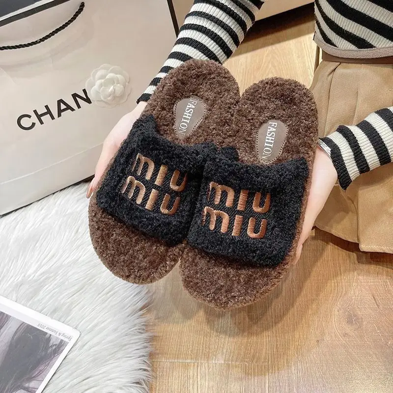 Thick-soles Mao Mao slippers women's outer wear 2024 autumn and winter new lamb fluffy online popular household cotton slippers