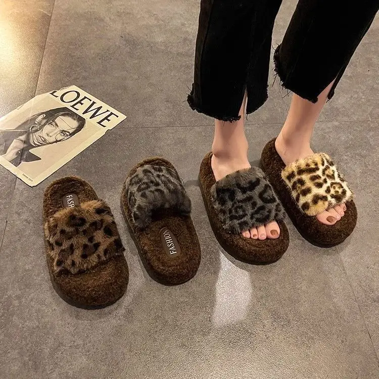 Leopard Print Thick-Soled Furry Slippers for Women's Outer Wear 2024 New Autumn and Winter Fashionable Home Furry Cotton Slippers