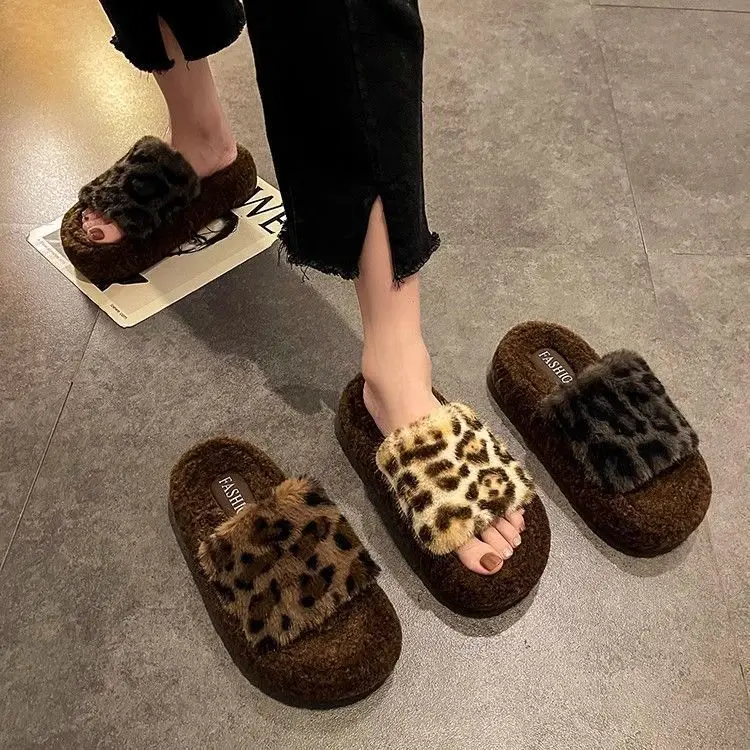 Leopard Print Thick-Soled Furry Slippers for Women's Outer Wear 2024 New Autumn and Winter Fashionable Home Furry Cotton Slippers