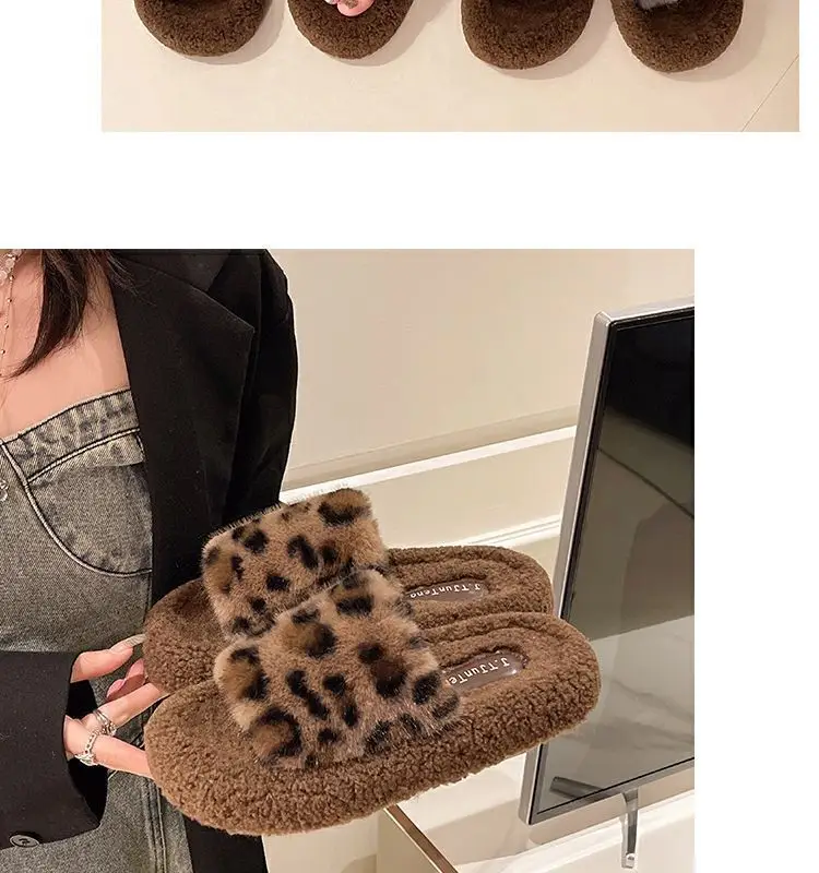 Leopard Print Thick-Soled Furry Slippers for Women's Outer Wear 2024 New Autumn and Winter Fashionable Home Furry Cotton Slippers — feature 13