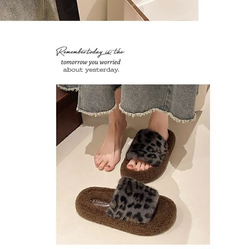 Leopard Print Thick-Soled Furry Slippers for Women's Outer Wear 2024 New Autumn and Winter Fashionable Home Furry Cotton Slippers — feature 14