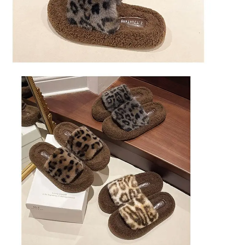 Leopard Print Thick-Soled Furry Slippers for Women's Outer Wear 2024 New Autumn and Winter Fashionable Home Furry Cotton Slippers — feature 17
