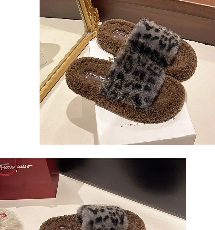 Leopard Print Thick-Soled Furry Slippers for Women's Outer Wear 2024 New Autumn and Winter Fashionable Home Furry Cotton Slippers — feature 20