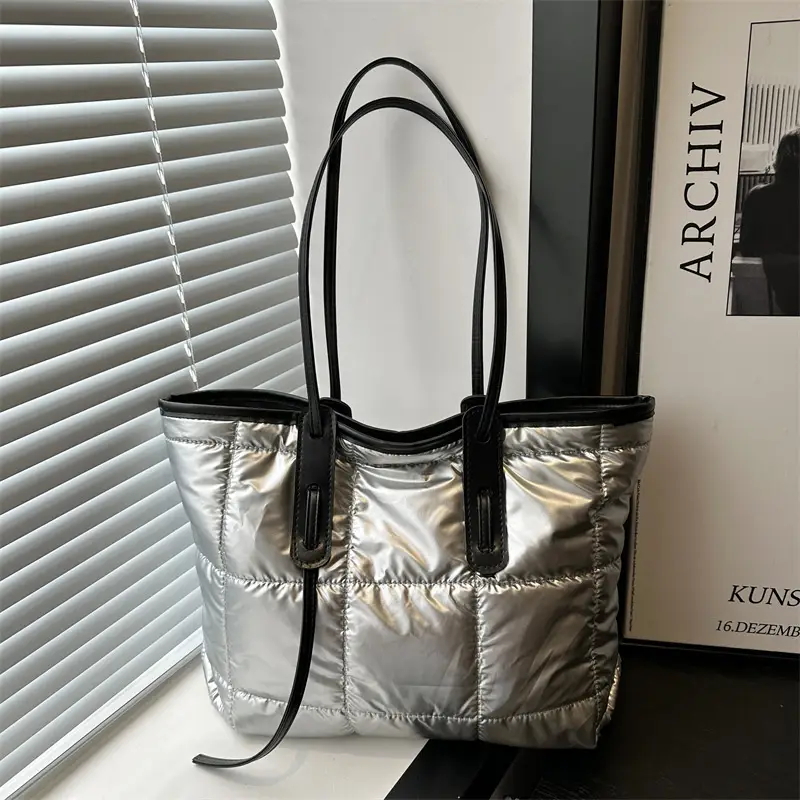 Women's White Puffer Shoulder Bag with Black Straps - Image 6