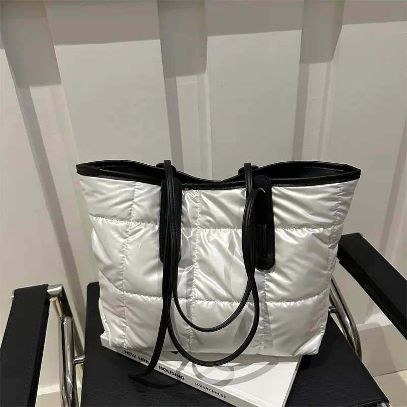 Women's White Puffer Shoulder Bag with Black Straps - Image 7