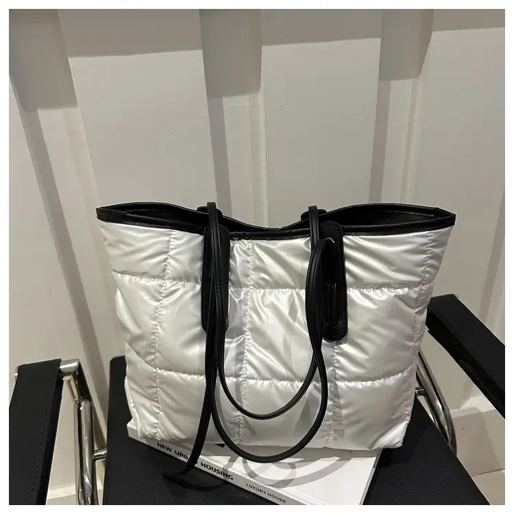 Women's White Puffer Shoulder Bag with Black Straps — feature 12