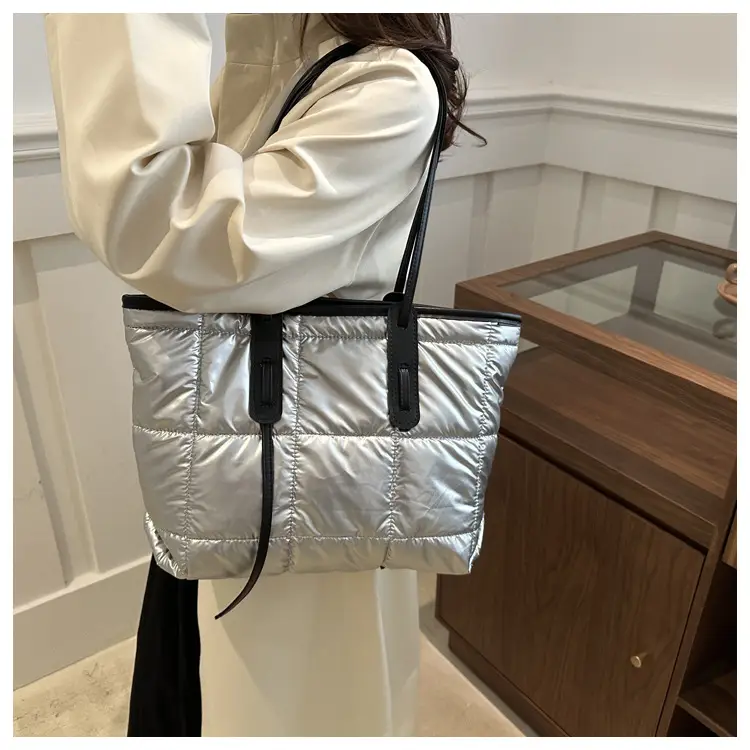 Women's White Puffer Shoulder Bag with Black Straps — feature 17
