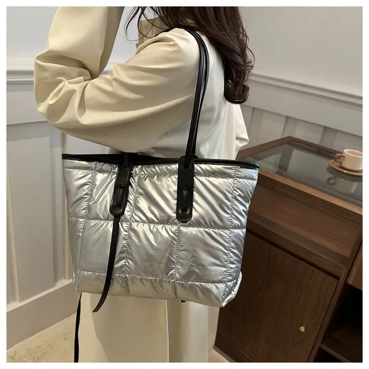 Women's White Puffer Shoulder Bag with Black Straps — feature 27