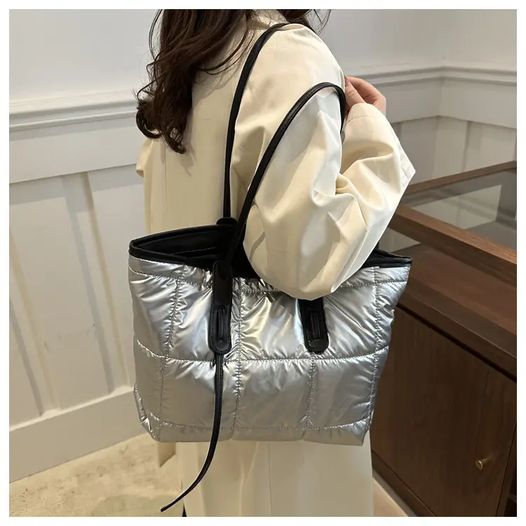 Women's White Puffer Shoulder Bag with Black Straps — feature 28