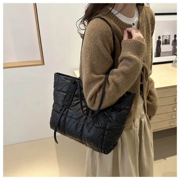 Women's White Puffer Shoulder Bag with Black Straps — feature 29
