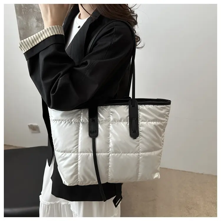 Women's White Puffer Shoulder Bag with Black Straps — feature 34
