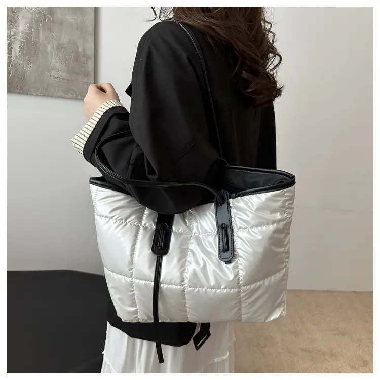 Women's White Puffer Shoulder Bag with Black Straps — feature 36