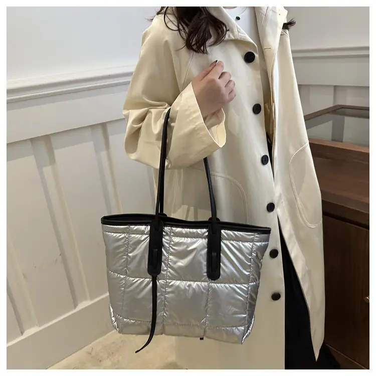 Women's White Puffer Shoulder Bag with Black Straps — feature 38