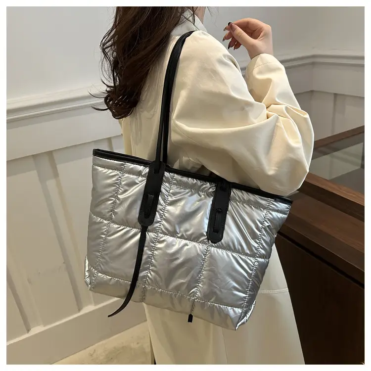 Women's White Puffer Shoulder Bag with Black Straps — feature 39