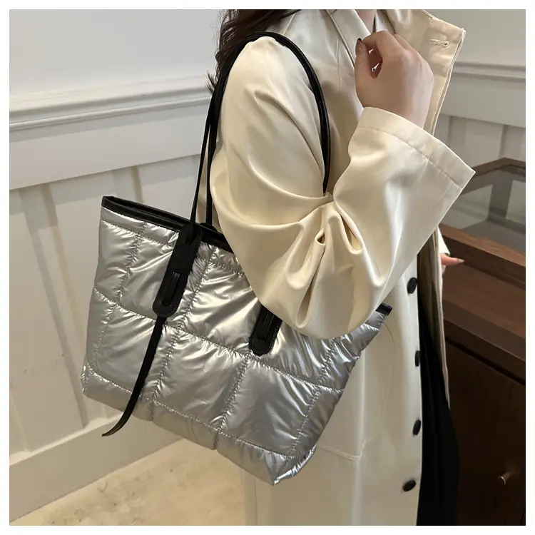 Women's White Puffer Shoulder Bag with Black Straps — feature 41