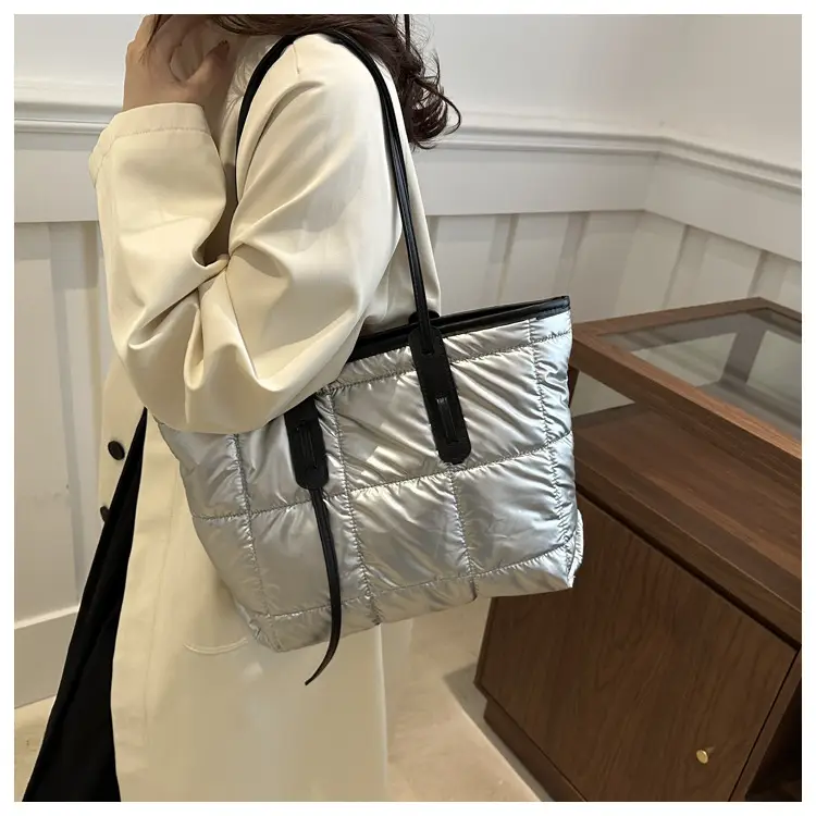 Women's White Puffer Shoulder Bag with Black Straps — feature 43
