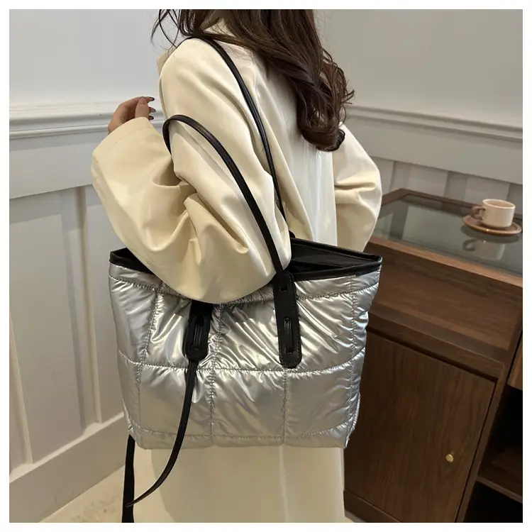 Women's White Puffer Shoulder Bag with Black Straps — feature 45