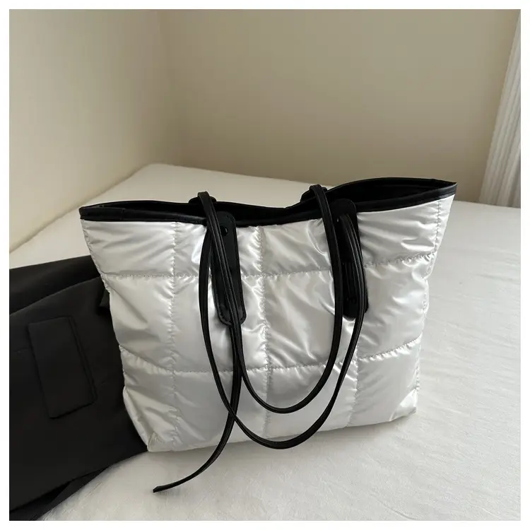 Women's White Puffer Shoulder Bag with Black Straps — feature 7